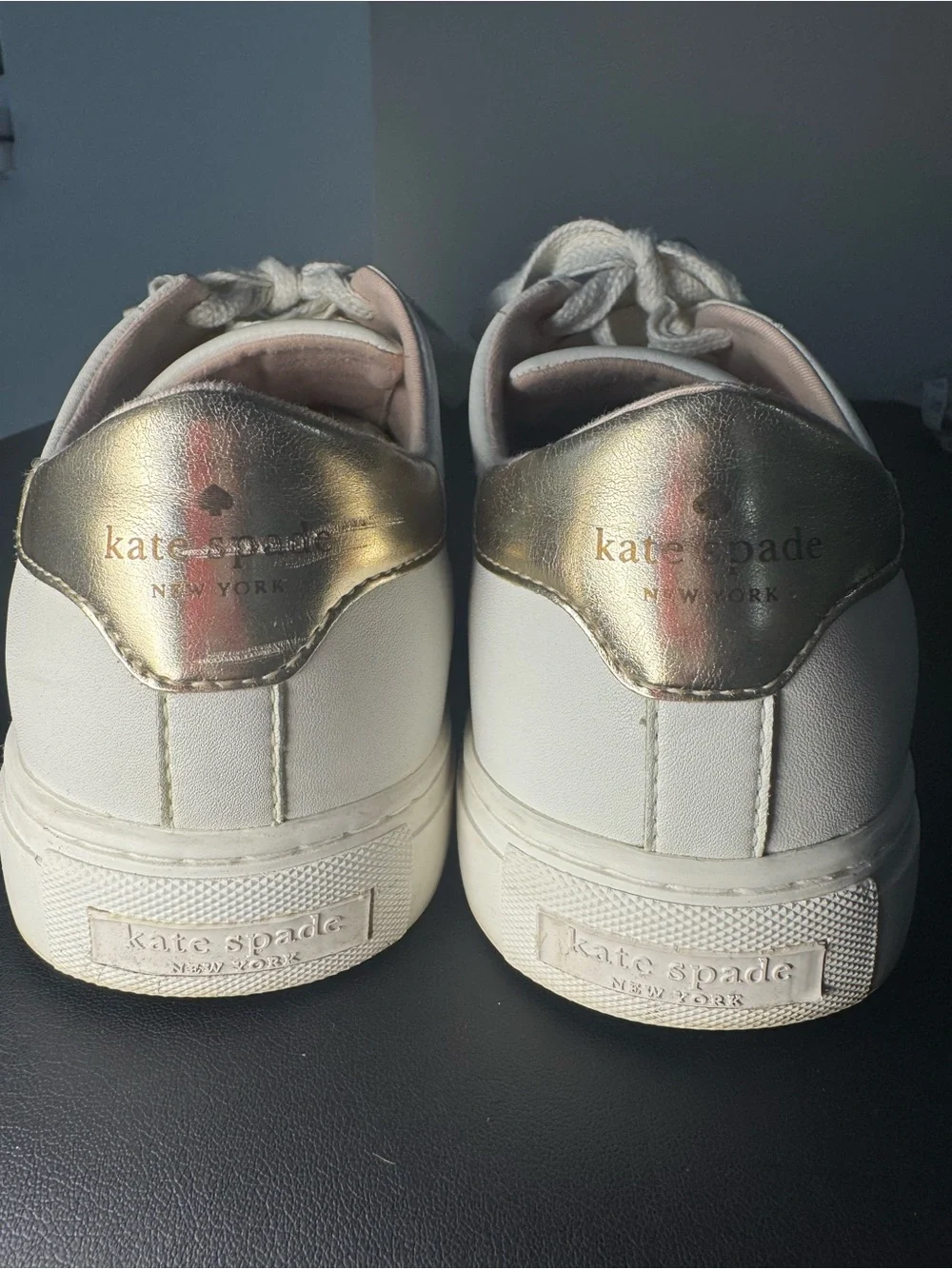 Kate Spade New York White Leather Low Top Lace-Up Sneakers Gold Heel Logo
